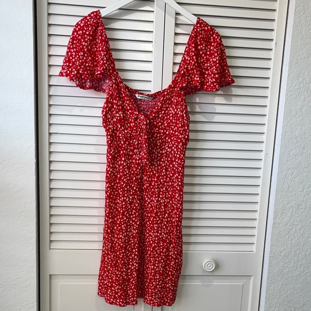Stradivarius Red Dress with White Floral Pattern